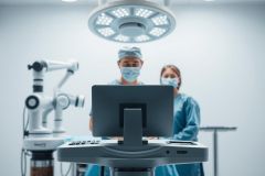 Surgical team operating in a modern operating room. Featuring a robotic surgical system, surgical monitor, and bright overhead lighting. Medical professionals in scrubs and masks focus on the procedure. Blue and white color palette, conveying a clinical and sterile environment.