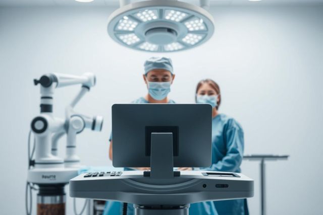 Surgical team operating in a modern operating room. Featuring a robotic surgical system, surgical monitor, and bright overhead lighting. Medical professionals in scrubs and masks focus on the procedure. Blue and white color palette, conveying a clinical and sterile environment.