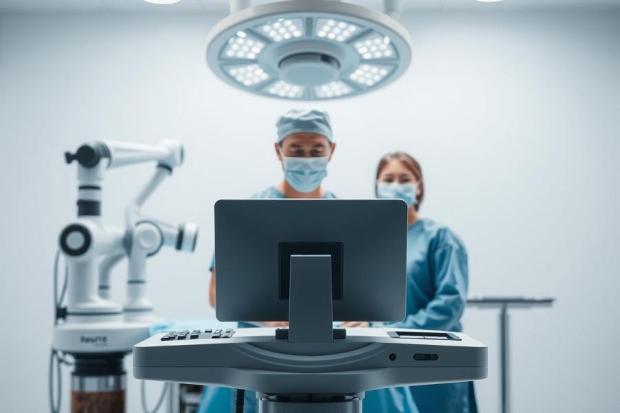Surgical team operating in a modern operating room. Featuring a robotic surgical system, surgical monitor, and bright overhead lighting. Medical professionals in scrubs and masks focus on the procedure. Blue and white color palette, conveying a clinical and sterile environment.