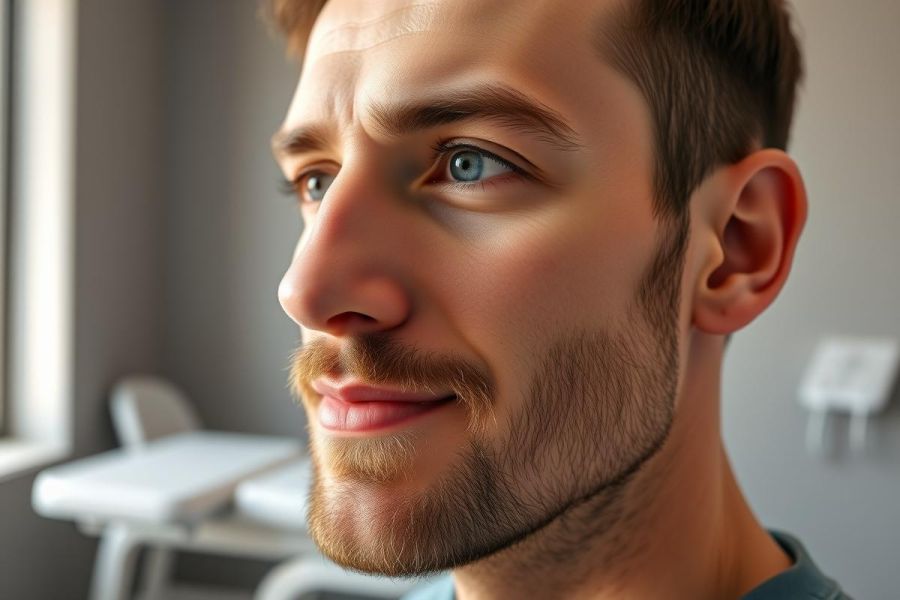 Close-up portrait of a young man with a beard and blue eyes, smiling slightly. He's indoors, likely in a classroom setting with blurred desks in the background. Warm lighting highlights his features and creates a natural, approachable feel. Focus on male portrait, beard, blue eyes, classroom.