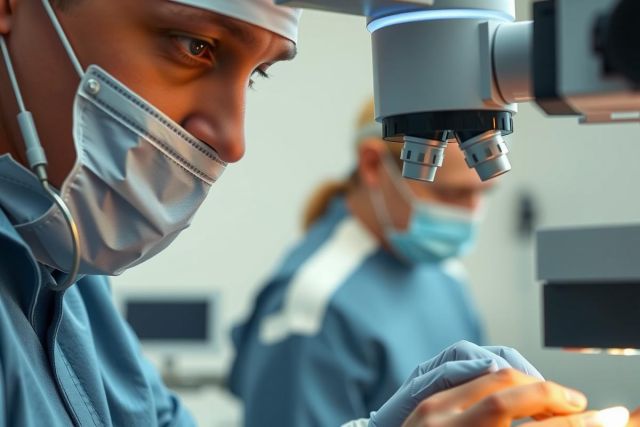 Surgeon wearing a mask and surgical scrubs examining tissue under a microscope. Close-up view of medical procedure in operating room. Blue and white color scheme.