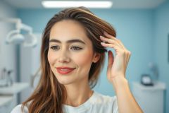 Smiling woman in a bright blue dental clinic, likely a patient. Close-up portrait with warm hair tones and red lipstick. Clean, modern healthcare setting. Focus on beauty and dental care.