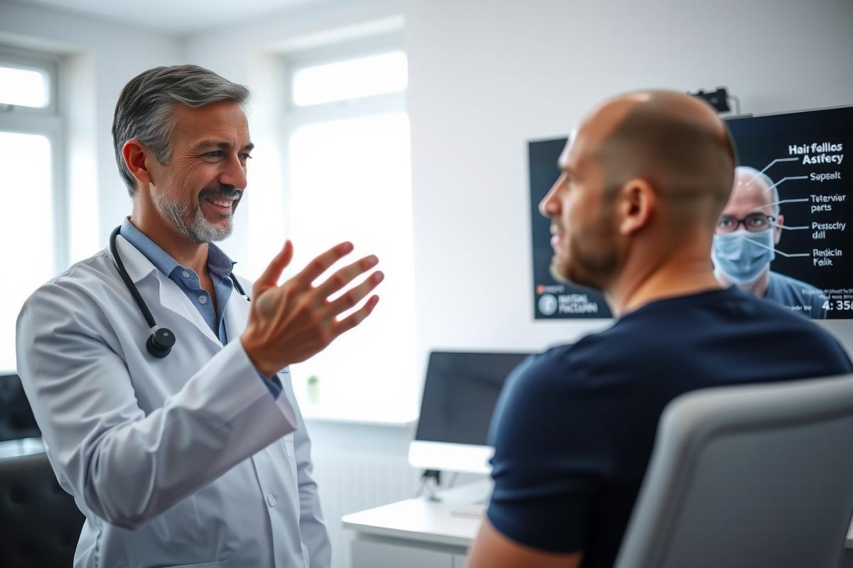 Doctor in a white coat discusses with a patient in a medical office. Healthcare professional consultation, medical examination, patient care, clinic setting. Focus on communication and well-being.