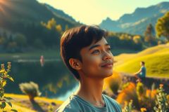 A young man is sitting by a lake in a mountainous area, enjoying the sunny day. He has short hair and is wearing a casual shirt with a necklace around his neck. The water is calm and there are trees surrounding the area. The atmosphere is peaceful and serene, suggesting a relaxed and contemplative moment.