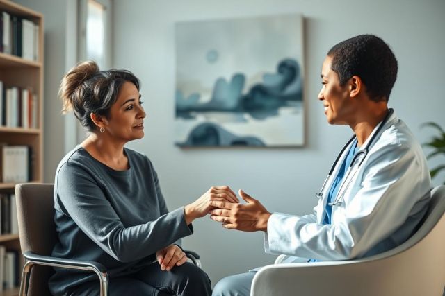 Doctor and patient having a consultation in a modern, light-filled office. The image shows a healthcare professional in a white coat speaking with a woman, conveying empathy and care. Soft grey and blue tones create a calming atmosphere, representing medical care and well-being.