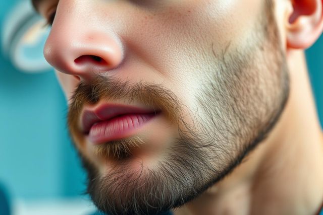 Close-up portrait of a man with a well-groomed beard and mustache. Focus on facial details like nose and lips against a teal background. Shows healthy skin and a stylish beard style.