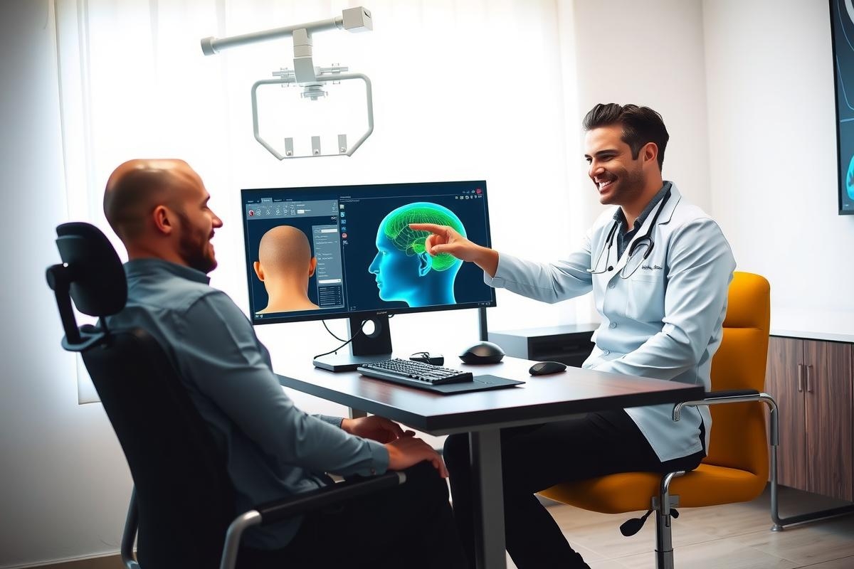 Doctor examining a 3D brain scan on a computer screen with a patient. Healthcare professional in a modern office setting, likely neurology or diagnostics. Bright, professional environment.
