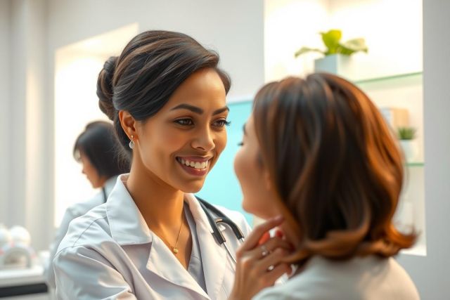 A smiling female doctor in a white coat examines a patient during a consultation in a bright medical office. Healthcare, patient care, and professional medical setting are evident.