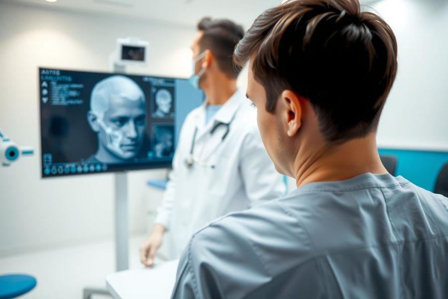 Doctors examine a patient's brain scan in a medical setting. The image showcases healthcare professionals reviewing diagnostic imagery, highlighting medical analysis and technology.