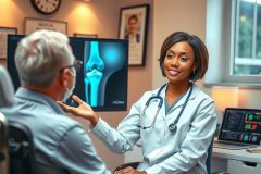 Doctor discussing an X-ray with a patient in a medical office. The image shows a female physician in a white coat explaining the scan, demonstrating healthcare consultation and diagnostics.