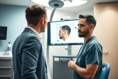 Doctor and patient in a modern medical office. A male doctor in scrubs speaks with a male patient in a suit. Bright, clean environment with medical equipment visible.