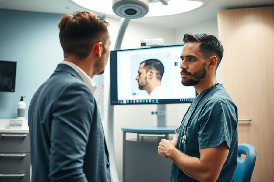 Doctor and patient in a modern medical office. A male doctor in scrubs speaks with a male patient in a suit. Bright, clean environment with medical equipment visible.