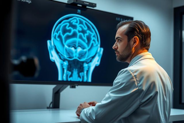 Doctor analyzes a brain scan on a monitor. Medical professional reviewing diagnostic imaging in a clinical setting. Blue and white color scheme, suggesting technology and healthcare.