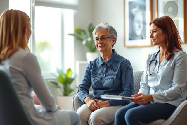 Three people sitting and talking in a brightly lit room, likely a therapy or counseling setting. A woman holds papers, while another listens attentively. Warm colors and a comfortable environment create a supportive atmosphere.
