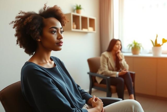 Two women sit in chairs, possibly in a therapy or counseling setting. The image features a neutral color palette with soft lighting, conveying a calm and contemplative atmosphere. Focus on conversation and wellness.