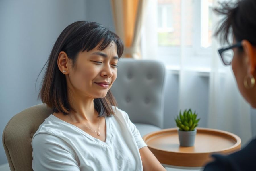A woman sits in a chair, seemingly in a conversation. The setting appears to be an interior space with soft lighting and neutral colors. Focus is on the woman's face and expression.