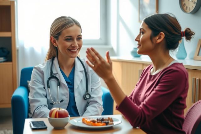 Doctor consults with patient. Healthcare professional in scrubs discusses nutrition with a woman in a home setting. Blue chair, fruit bowl, and a plate of food are visible.