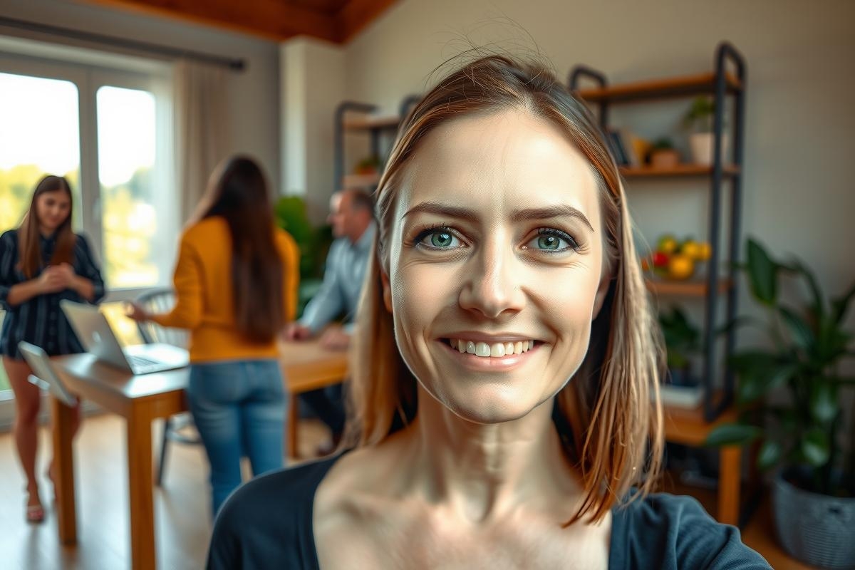 The image features a woman with red hair smiling at the camera. She is standing in a kitchen that has a modern design with wooden elements and stainless steel appliances. There are other people present in the background, suggesting a social gathering or casual meetup.
