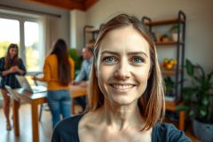 The image features a woman with red hair smiling at the camera. She is standing in a kitchen that has a modern design with wooden elements and stainless steel appliances. There are other people present in the background, suggesting a social gathering or casual meetup.