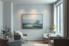 Modern living room interior featuring two grey armchairs, a landscape painting of a tree and river, and large windows. The serene space boasts neutral colors, soft lighting, and potted plants creating a calming, minimalist aesthetic. Ideal for home decor and interior design inspiration.