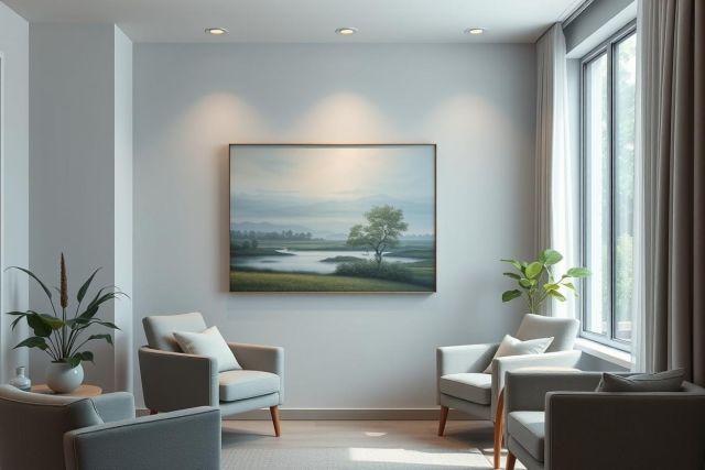 Modern living room interior featuring two grey armchairs, a landscape painting of a tree and river, and large windows. The serene space boasts neutral colors, soft lighting, and potted plants creating a calming, minimalist aesthetic. Ideal for home decor and interior design inspiration.