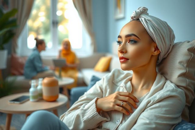 The image features a woman sitting on a couch in a cozy room. She appears to be in a relaxed pose with her chin resting thoughtfully on her hand. Her attire consists of a simple yet elegant white blouse. The room around her is warmly lit and inviting, with soft colors that complement the scene. 