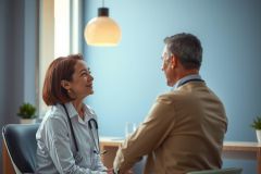 Doctor consults with a patient in a brightly lit office. A friendly and professional healthcare setting with a focus on patient care.