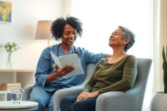 A healthcare worker visits an elderly woman at home, providing care and reviewing documents. The scene portrays compassionate care in a comfortable living room setting.