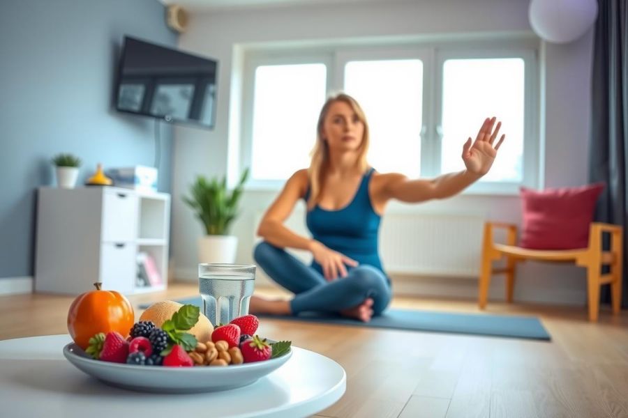 Woman in workout clothes meditating on a yoga mat in a bright living room. A bowl of fresh fruit sits nearby. Healthy lifestyle, mindfulness, and wellness concepts.