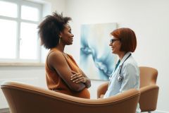 Pregnant woman consults with a doctor in a clinic setting. A medical professional in a white coat discusses with a patient in a warm, inviting space. Healthcare, pregnancy, and wellness themes are present.