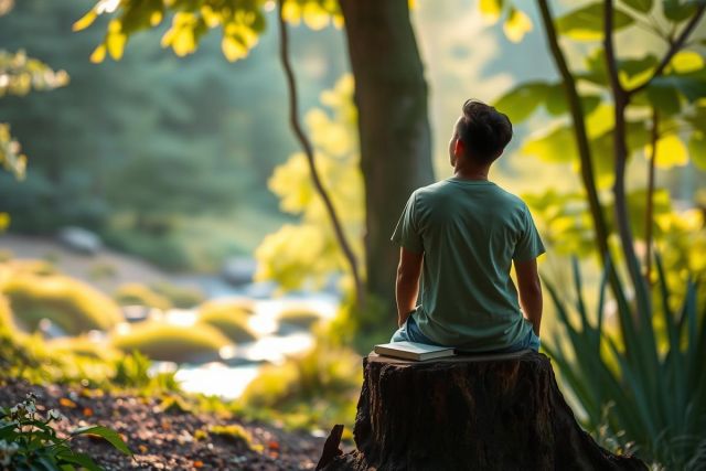 The image captures a serene moment in nature, featuring an adult person sitting cross-legged on a tree stump. The setting is a lush forest or jungle with various trees and foliage surrounding the individual. 