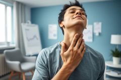 Young man touching his throat, showing discomfort or pain. Blue wall background with office setting, including a whiteboard and lamp. Healthcare, illness, or medical concern theme. 