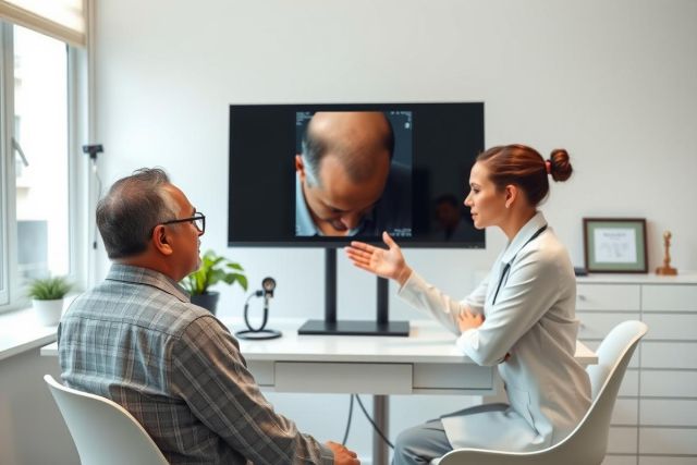Doctor consults with patient in a modern office setting. Healthcare professional listens attentively to an older man during a medical appointment. Bright, clean environment with a focus on patient care.
