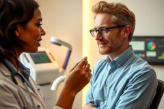 Doctor and patient consultation in a modern medical office. A male patient speaks with a female doctor wearing a white coat. The setting includes medical equipment and a clean, bright environment.
