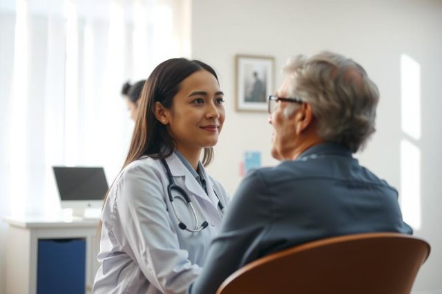 Doctor consulting with a patient in a medical office. A female physician in a white coat listens attentively while the patient sits facing her. The scene shows a healthcare setting with a warm, professional atmosphere.