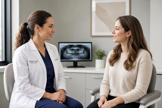 Dental specialist consulting with patient in bright clinic, dental X-ray visible on monitor.