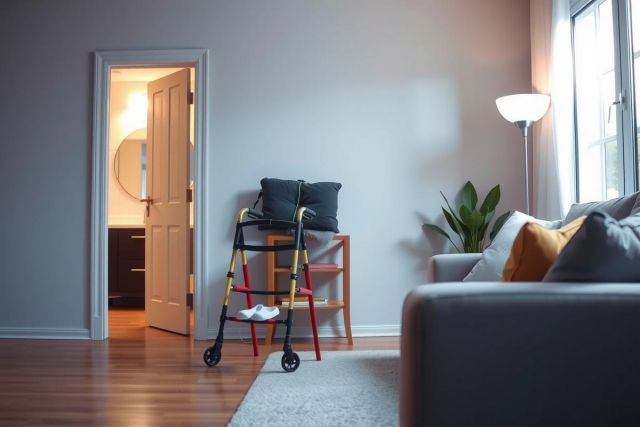 Modern living room interior featuring a gray sofa, walker, and a doorway leading to a black cabinet. Natural light floods the space, highlighting the wooden floor and creating a cozy atmosphere.