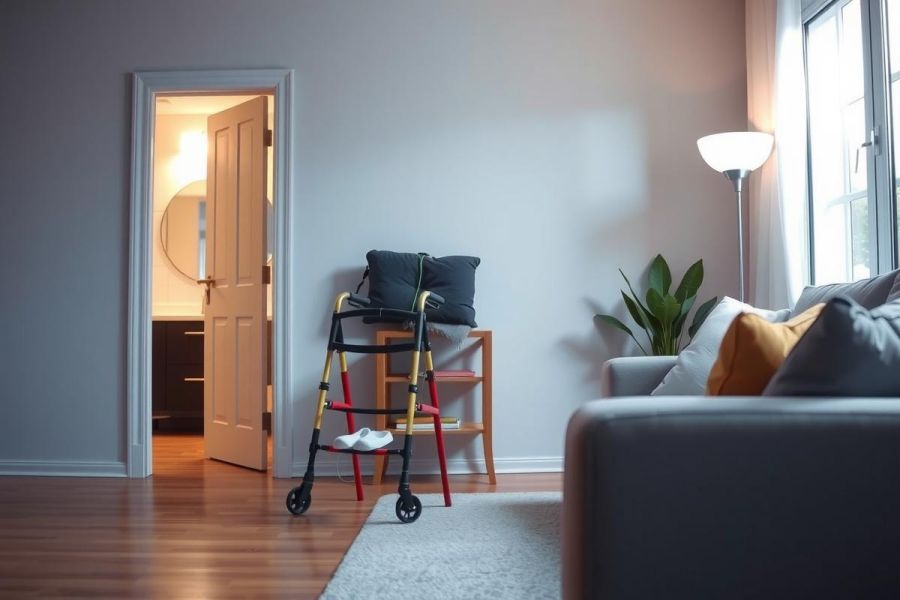 Modern living room interior featuring a gray sofa, walker, and a doorway leading to a black cabinet. Natural light floods the space, highlighting the wooden floor and creating a cozy atmosphere.