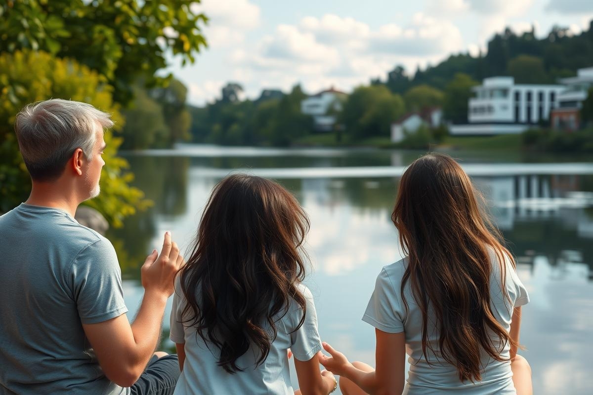 Three people sitting by the water, possibly at a lake or river. They seem to be enjoying nature and each other's company in an outdoor setting during daytime. The environment is calm with trees lining one side of the waterway. The girls are looking towards the man who is seated between them.