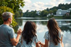Three people sitting by the water, possibly at a lake or river. They seem to be enjoying nature and each other's company in an outdoor setting during daytime. The environment is calm with trees lining one side of the waterway. The girls are looking towards the man who is seated between them.
