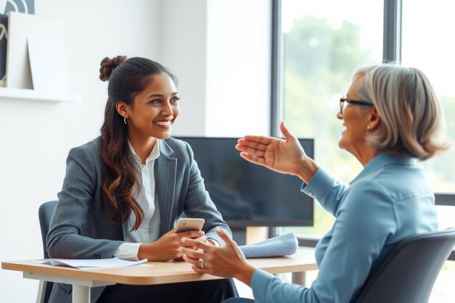 Business meeting: Two professionals, one Black woman and one white woman, engaged in conversation at a desk.  Modern office setting, natural light, professional attire, discussing strategies.
