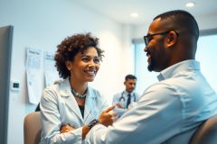 Two doctors discussing patient care in a clinic setting. One doctor wears a white coat, both appear engaged in conversation. The scene conveys a professional healthcare environment.