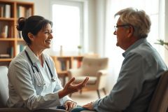 Healthcare consultation: A smiling female doctor in a light blue coat and stethoscope speaks with an older man in a bright, comfortable living room setting. Focus on patient care, medical discussion, and senior health.