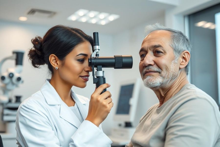 Optometrist examining a patient's eyes in a modern clinic. A female healthcare professional uses an ophthalmoscope during an eye exam. The scene features a clean, white environment with medical equipment. Focus on eye care, health, and vision testing.