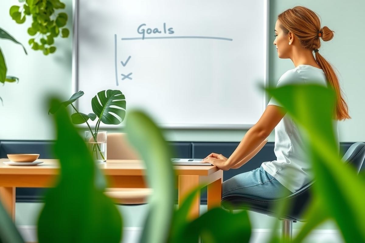 The image depicts a woman sitting at a desk in an office setting. She appears to be engaged in work on a laptop, with a focus on goal-setting or project management indicated by the whiteboard in front of her that has 'Goals' written on it and two columns with checkmarks.