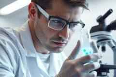 Scientist examining a test tube in a lab, wearing a white coat and glasses. Focus on scientific research, analysis, and medical testing. Bright, clean environment.