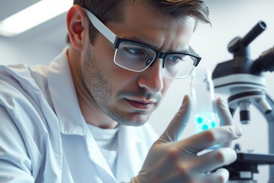 Scientist examining a test tube in a lab, wearing a white coat and glasses. Focus on scientific research, analysis, and medical testing. Bright, clean environment.
