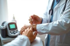 Doctor examining patient's pulse in a medical office. Healthcare professional in a white coat checking wrist. Clinical setting with medical equipment visible.