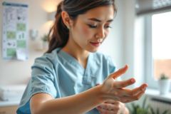 Healthcare worker in blue scrubs examines hands near a window, suggesting hygiene or patient care. Bright, clean environment with plants visible. Focus on hands and medical context.