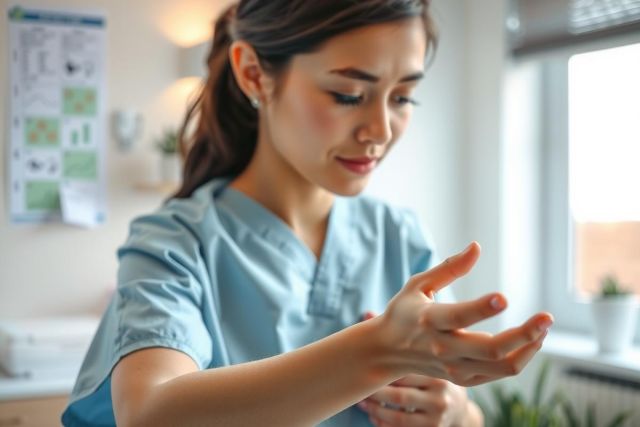 Healthcare worker in blue scrubs examines hands near a window, suggesting hygiene or patient care. Bright, clean environment with plants visible. Focus on hands and medical context.